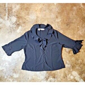 Cathy Che Womens Black Ruffle Blouse, With Belle Half Sleeves, Size 18